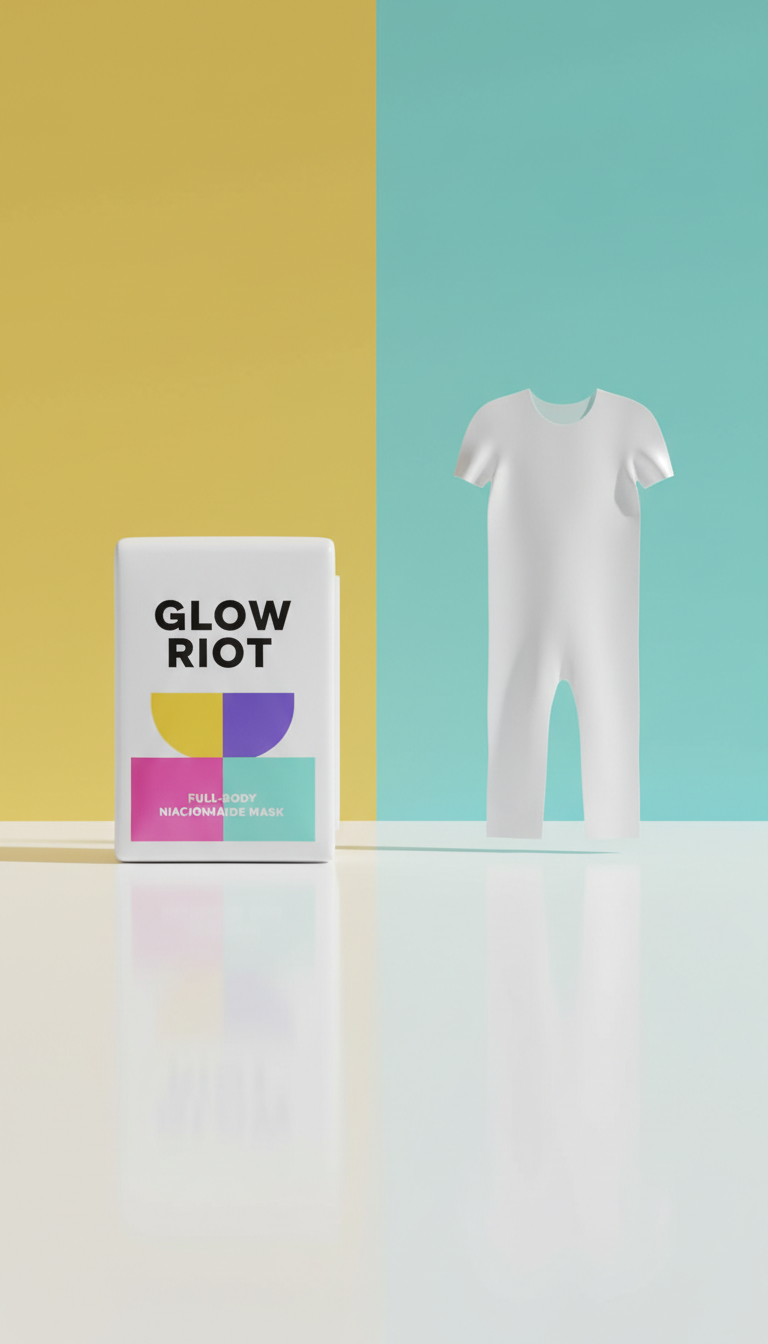 Glow Riot Full-Body Mask, compact folded pack next to the unfolded full-body sheet mask